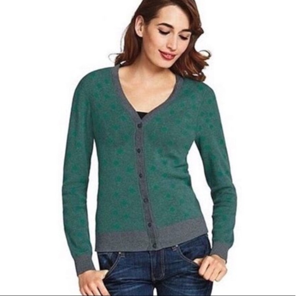 CAbi 🔥SALE🔥 CAbi green polka dot with gray trim button front cardigan. LH - Picture 2 of 8